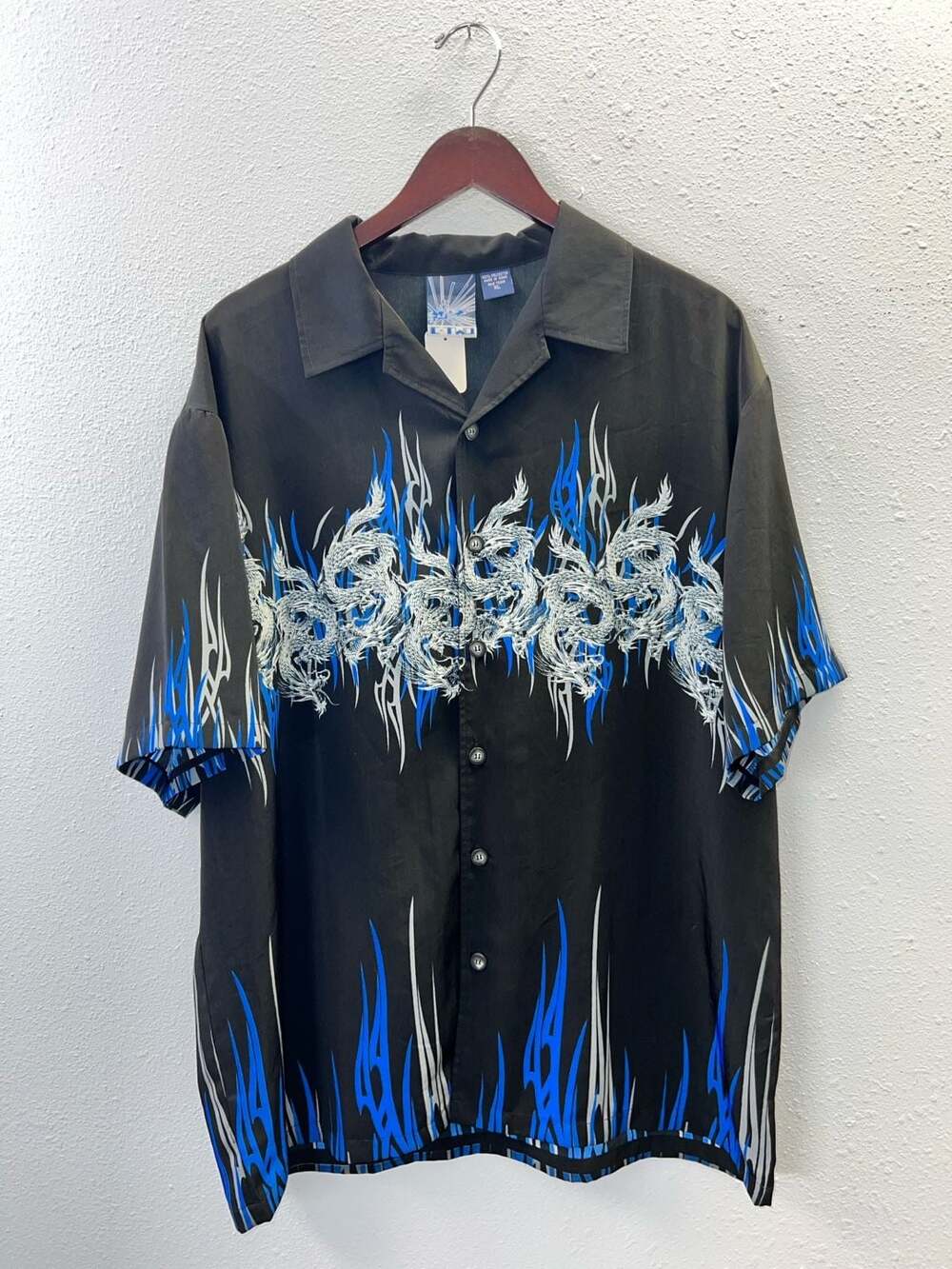 Vintage C-Two Blue Flame Dragon Button Up Shirt Tribal Cyber Y2K Silk XL 0224